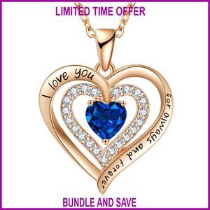 Double Heart Birthstone Necklace 18+10 Inch Cubic Zirconia Pendant Gift